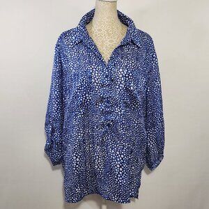 Chico’s SZ 3/XL Blue Polka Dot Thin Sheer Roll Tab Sleeve 3/4 Button Popover Top